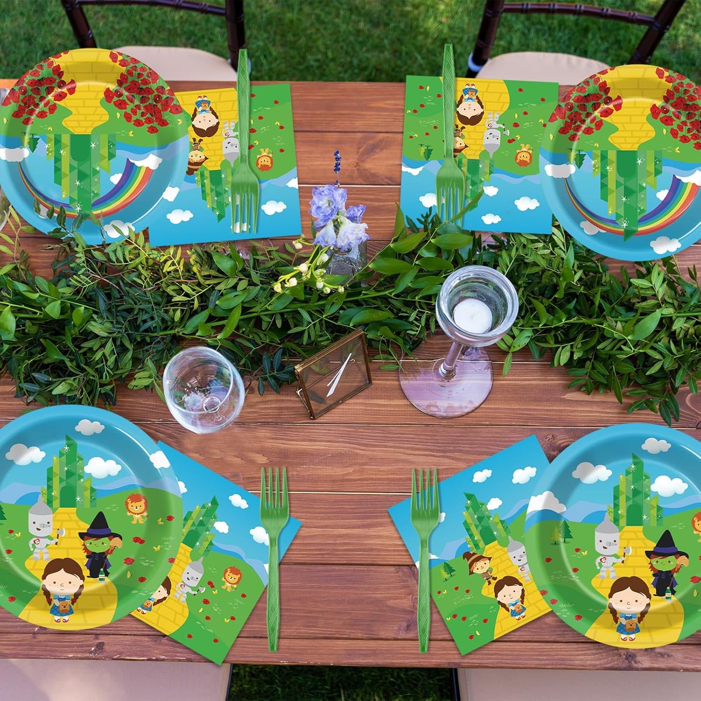 96PCS Emerald Green Castle Birthday Party Supplies Cartoon Plates and Napkins Paper Tableware Yellow Brick Decorations Favors for Birthday Holiday Wizard Party, Serve 24