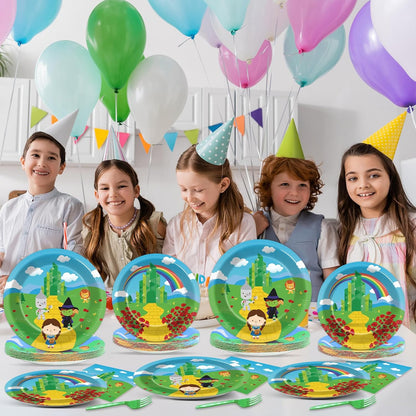 96PCS Emerald Green Castle Birthday Party Supplies Cartoon Plates and Napkins Paper Tableware Yellow Brick Decorations Favors for Birthday Holiday Wizard Party, Serve 24