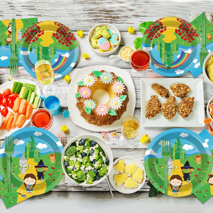 96PCS Emerald Green Castle Birthday Party Supplies Cartoon Plates and Napkins Paper Tableware Yellow Brick Decorations Favors for Birthday Holiday Wizard Party, Serve 24