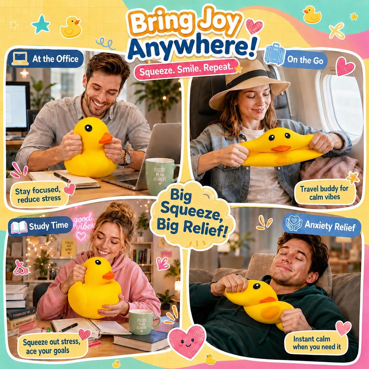 Jumbo Duck Squishy Squeeze Toys Stress Relief Fidget Toy for Teens & Adults,Giant Sensory Stress Balls for Anxiety Relief,Cool Office Desk Decor Party Favors Birthday Gifts (Yellow)