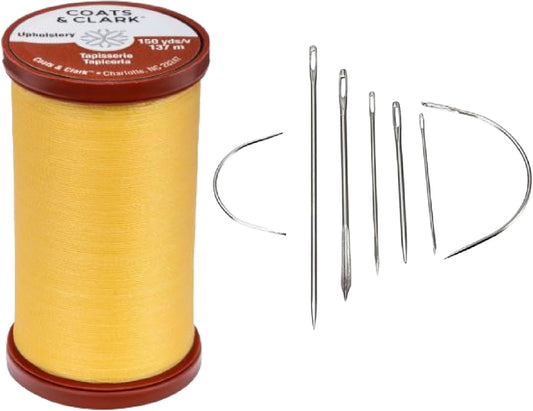 Coats & Clark Extra Strong Upholstery Thread, 150 Yds, S964, Bundle with Assorted Heavy Duty Hand Needles 7 Ct (Yellow)