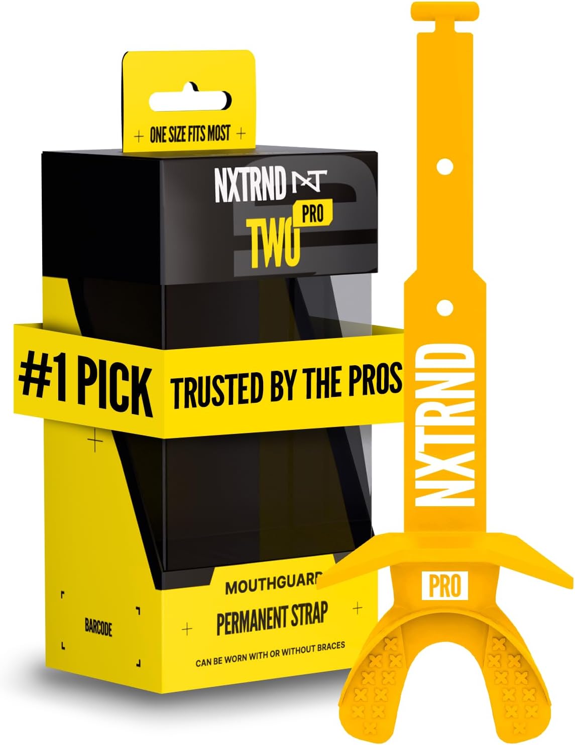 Two Pro Football Mouth Guard, Permanent Strap, Fits Adult & Youth (Yellow)
