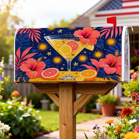 Cocktail Magnetic Mailbox Covers, Tropical Vibrant Hibiscus Citrus Summer Yellow Letter Box Cover for Front Yard Decor 18x21 Inch