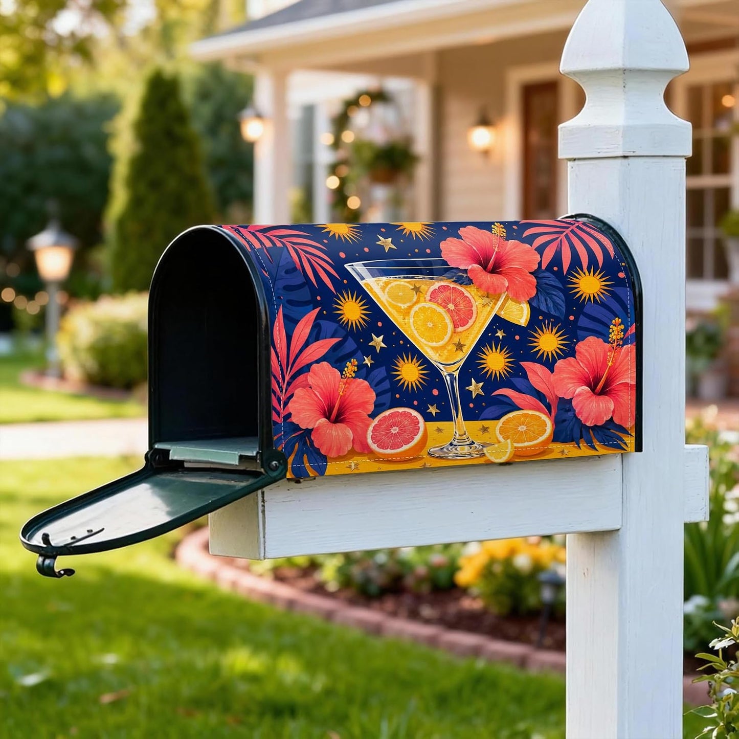Cocktail Magnetic Mailbox Covers, Tropical Vibrant Hibiscus Citrus Summer Yellow Letter Box Cover for Front Yard Decor 18x21 Inch