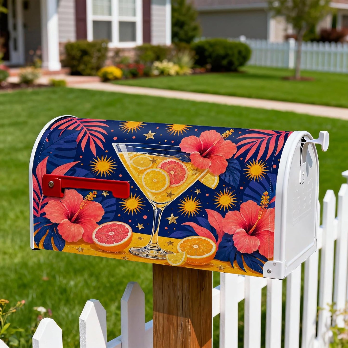 Cocktail Magnetic Mailbox Covers, Tropical Vibrant Hibiscus Citrus Summer Yellow Letter Box Cover for Front Yard Decor 18x21 Inch