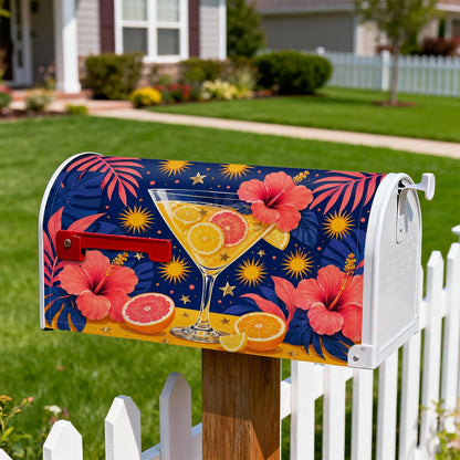 Cocktail Magnetic Mailbox Covers, Tropical Vibrant Hibiscus Citrus Summer Yellow Letter Box Cover for Front Yard Decor 18x21 Inch