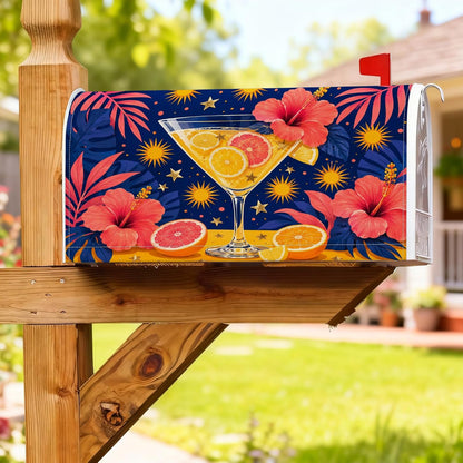 Cocktail Magnetic Mailbox Covers, Tropical Vibrant Hibiscus Citrus Summer Yellow Letter Box Cover for Front Yard Decor 18x21 Inch