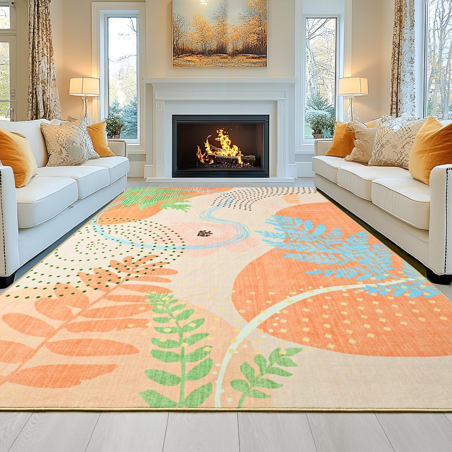 Faux Wool Boho Floral Area Rug 4x6, Modern Yellow Abstract Print Soft Carpet, TPR Non-Slip Backing, Machine Washable Low Pile Rug for Bedroom, Living Room, Kids Room, Playroom, Office
