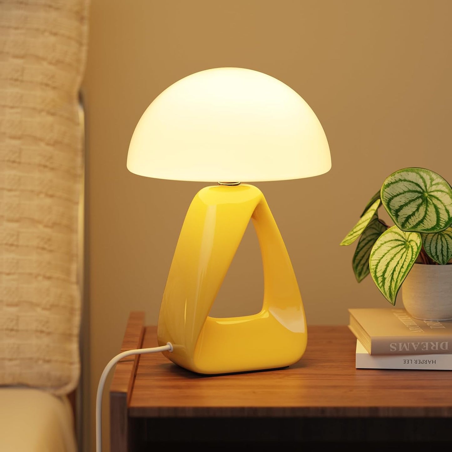 Mushroom Lamp, Small Table Lamp for Bedroom, Creative Geometric Ceramic Base Bedside Lamp, Mid Century Modern Side Table Lamp for Living Room Nightstand, Unique Aesthetic Home Decor Gift Ideas, Yellow