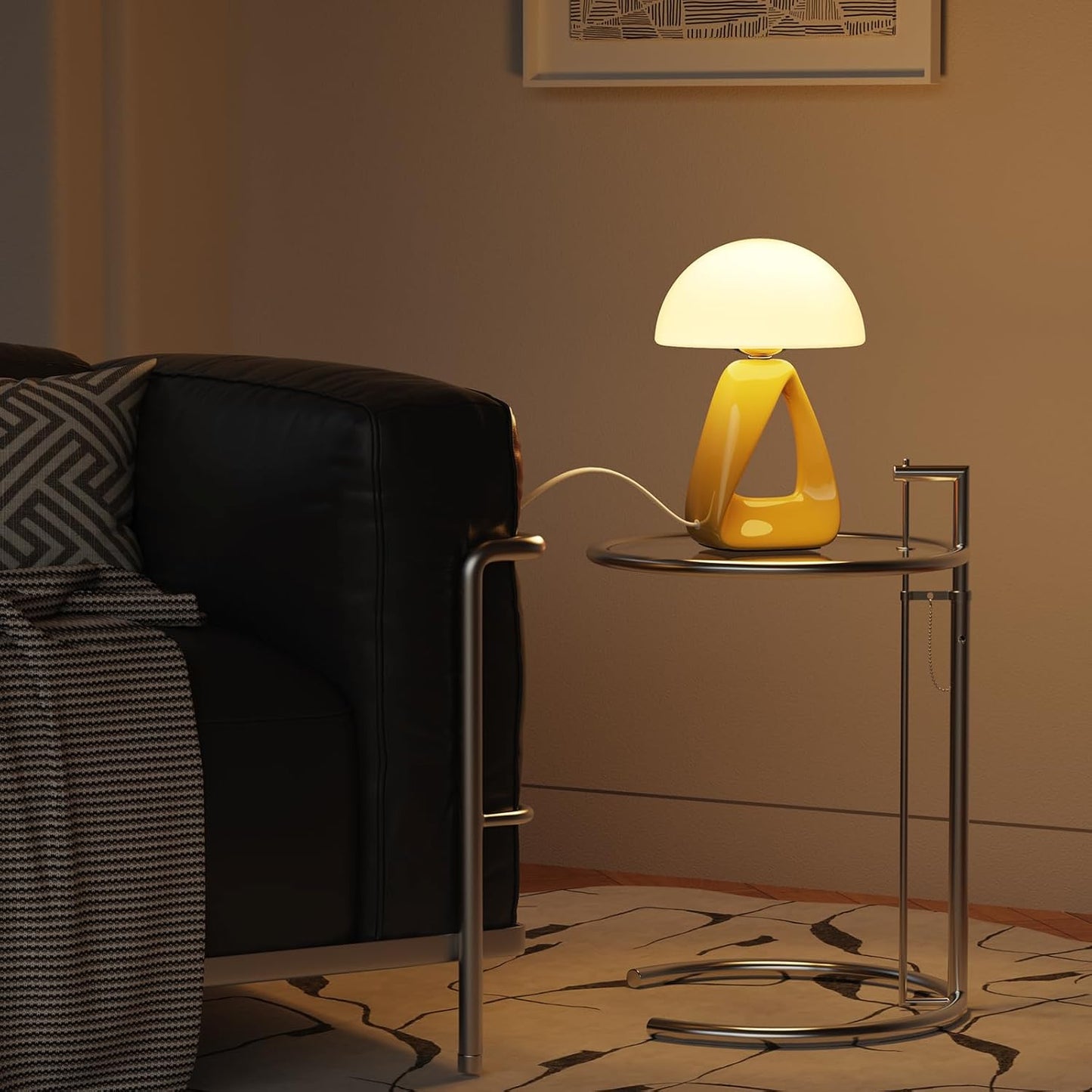 Mushroom Lamp, Small Table Lamp for Bedroom, Creative Geometric Ceramic Base Bedside Lamp, Mid Century Modern Side Table Lamp for Living Room Nightstand, Unique Aesthetic Home Decor Gift Ideas, Yellow
