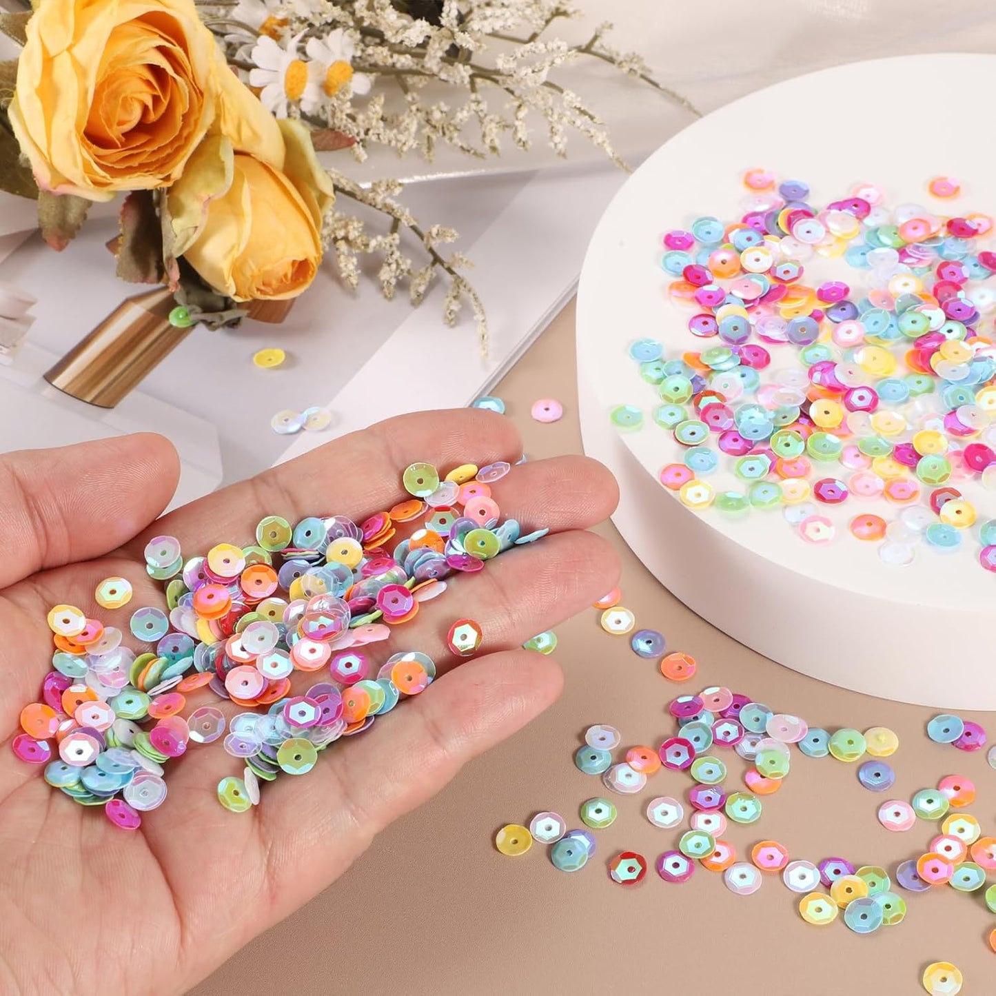 Loose Sequins 2800Pcs 6mm Silver Backed Cup Embroidery Sequins for Jewelry Making Crafts Sewing, AB Yellow