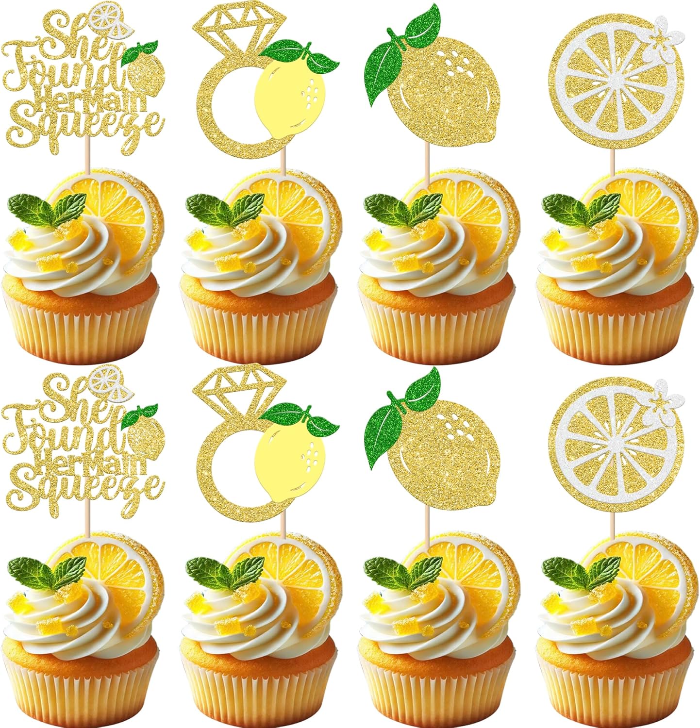 24 Pack She Found Her Main Squeeze Cupcake Toppers Diamond Ring Glitter Lemon Cupcake Picks for Bridal Shower Wedding Engagement Bachelorette Party Cake Decorations