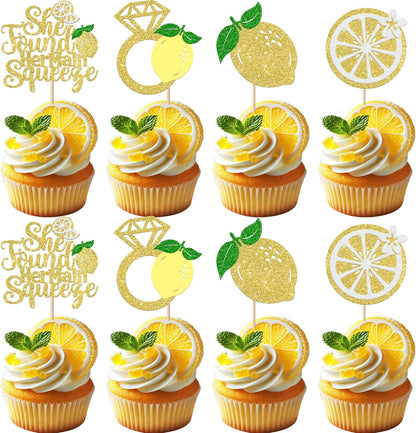 24 Pack She Found Her Main Squeeze Cupcake Toppers Diamond Ring Glitter Lemon Cupcake Picks for Bridal Shower Wedding Engagement Bachelorette Party Cake Decorations