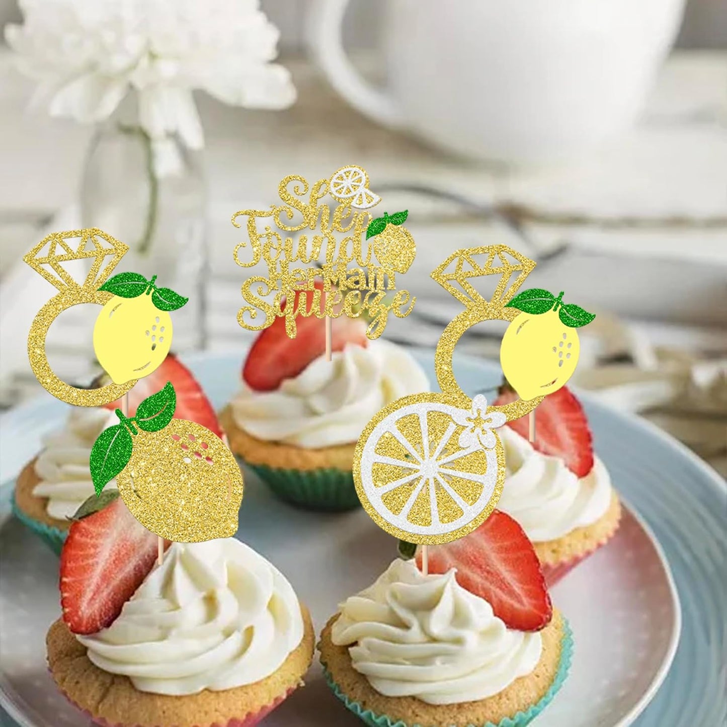 24 Pack She Found Her Main Squeeze Cupcake Toppers Diamond Ring Glitter Lemon Cupcake Picks for Bridal Shower Wedding Engagement Bachelorette Party Cake Decorations