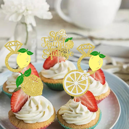 24 Pack She Found Her Main Squeeze Cupcake Toppers Diamond Ring Glitter Lemon Cupcake Picks for Bridal Shower Wedding Engagement Bachelorette Party Cake Decorations