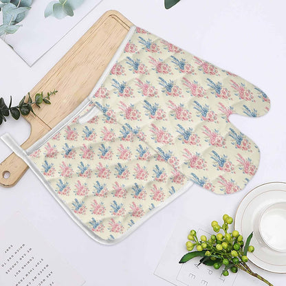 Oven Mitts and Pot Holder Set for Kitchen, Pink Rose Bouquet Blue Bow Vintage Light Yellow 12 Inch Heat Insulation Ovengloves with Non-Slip Hot Pads for Grilling Baking Cooking BBQ, 2 pcs