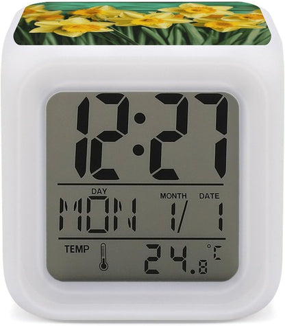 Yellow Daffodils Flowers Digital Alarm Clock with 7 Color Night Light | Smart LED Display Desktop Clock for Heavy Sleepers, Bedside Small Light Alarm Clock with Date Temperature Display3