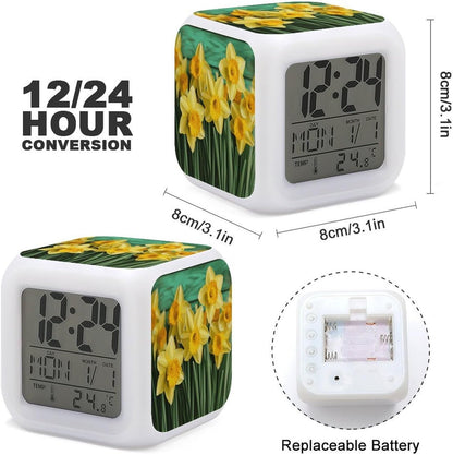 Yellow Daffodils Flowers Digital Alarm Clock with 7 Color Night Light | Smart LED Display Desktop Clock for Heavy Sleepers, Bedside Small Light Alarm Clock with Date Temperature Display3