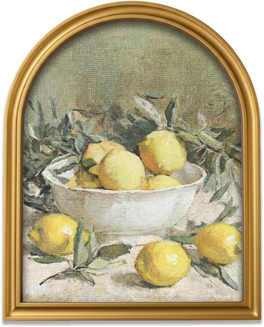 Vintage Rustic Lemon Framed Wall Art for Kitchen, Dining Room – Gold Arched Wood Frame Canvas Picture for Home Aesthetic Wall Decor, Cottagecore Farmhouse Artwork Prints (11" x 13.8")