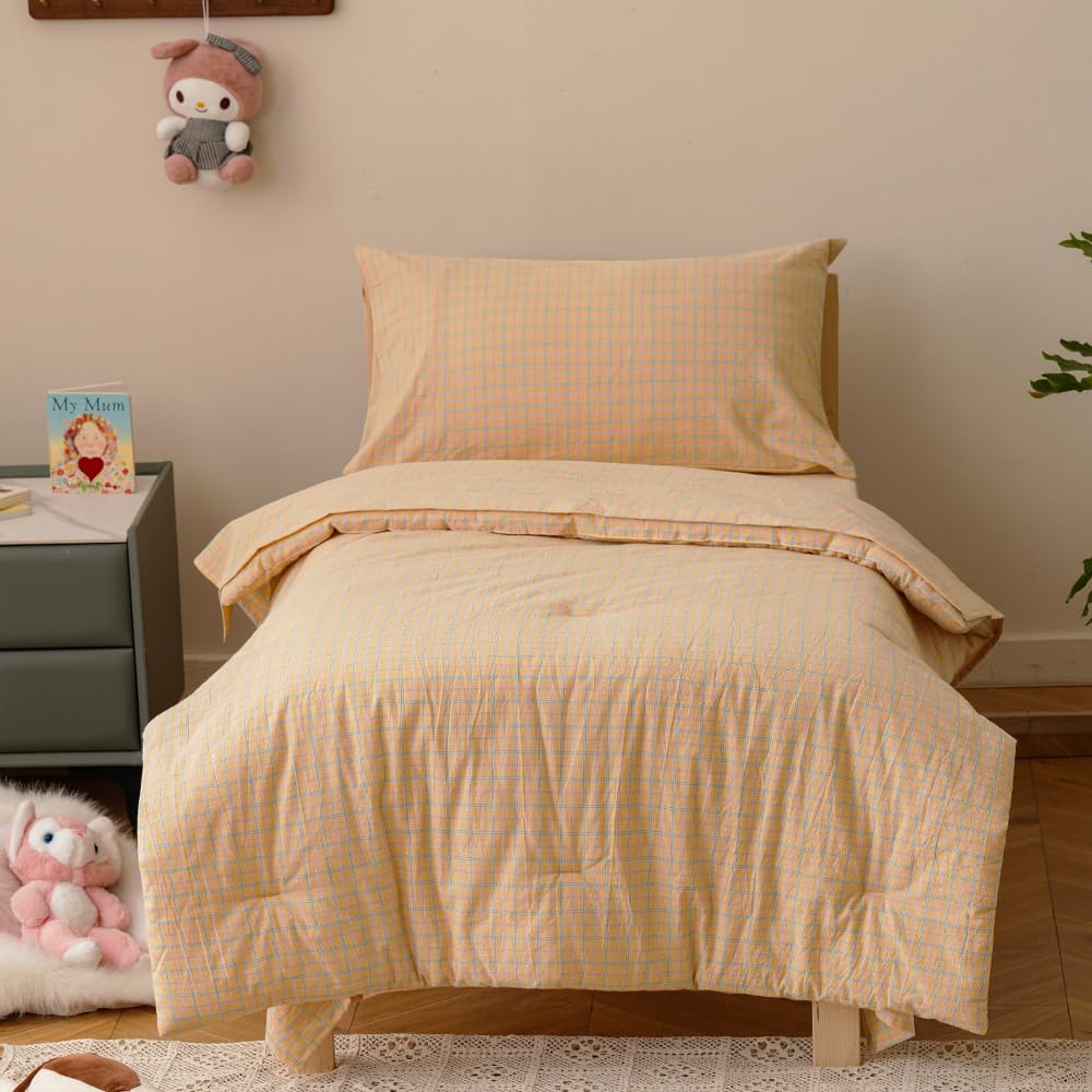 4Pieces Yellow Plaid Washed Cotton Toddler Bedding Sets for Kids | Boys Girls Comforter, Soft, Breathable, Lightweight, Taupe Tartan Ginharm Comforter, Crib Bed Sets