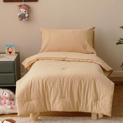 4Pieces Yellow Plaid Washed Cotton Toddler Bedding Sets for Kids | Boys Girls Comforter, Soft, Breathable, Lightweight, Taupe Tartan Ginharm Comforter, Crib Bed Sets