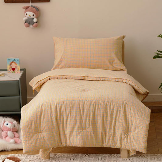 4Pieces Yellow Plaid Washed Cotton Toddler Bedding Sets for Kids | Boys Girls Comforter, Soft, Breathable, Lightweight, Taupe Tartan Ginharm Comforter, Crib Bed Sets