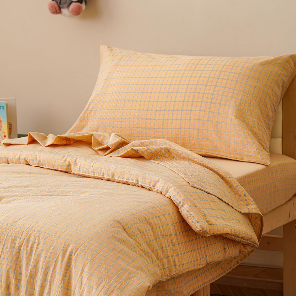 4Pieces Yellow Plaid Washed Cotton Toddler Bedding Sets for Kids | Boys Girls Comforter, Soft, Breathable, Lightweight, Taupe Tartan Ginharm Comforter, Crib Bed Sets