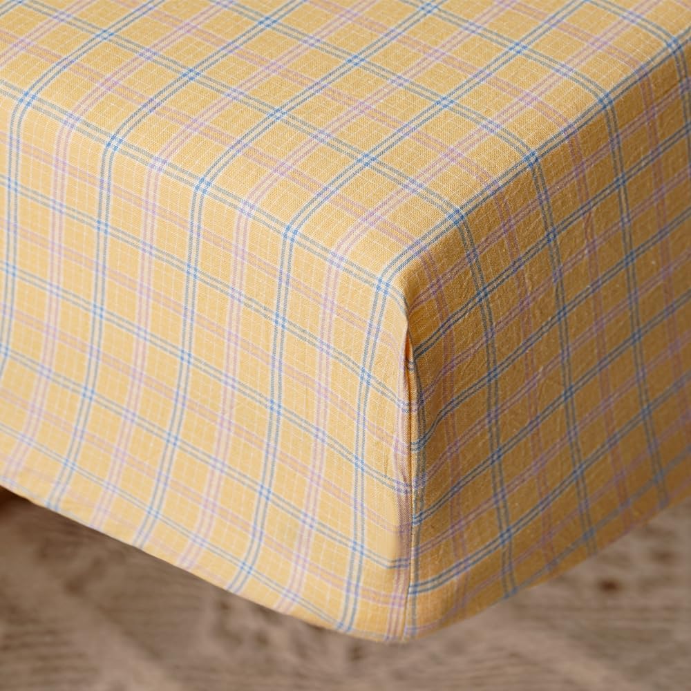 4Pieces Yellow Plaid Washed Cotton Toddler Bedding Sets for Kids | Boys Girls Comforter, Soft, Breathable, Lightweight, Taupe Tartan Ginharm Comforter, Crib Bed Sets