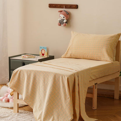 4Pieces Yellow Plaid Washed Cotton Toddler Bedding Sets for Kids | Boys Girls Comforter, Soft, Breathable, Lightweight, Taupe Tartan Ginharm Comforter, Crib Bed Sets