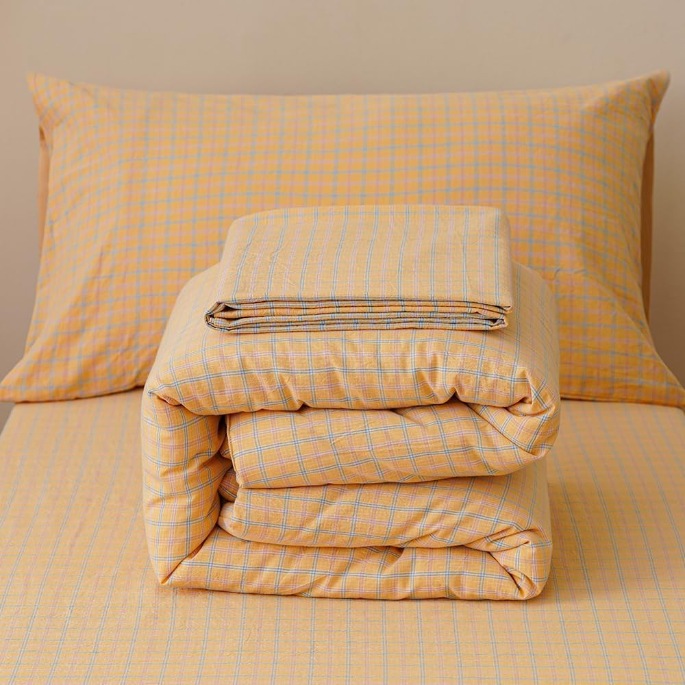 4Pieces Yellow Plaid Washed Cotton Toddler Bedding Sets for Kids | Boys Girls Comforter, Soft, Breathable, Lightweight, Taupe Tartan Ginharm Comforter, Crib Bed Sets