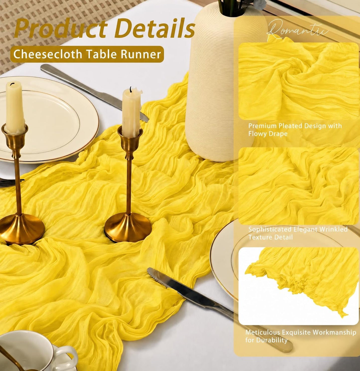 8 Pack Yellow Cheesecloth Table Runner 17x108 inch Rustic Gauze Table Runner Sheer Boho Fabric Cheese Cloth Table Runner for Wedding Party Baby Bridal Shower