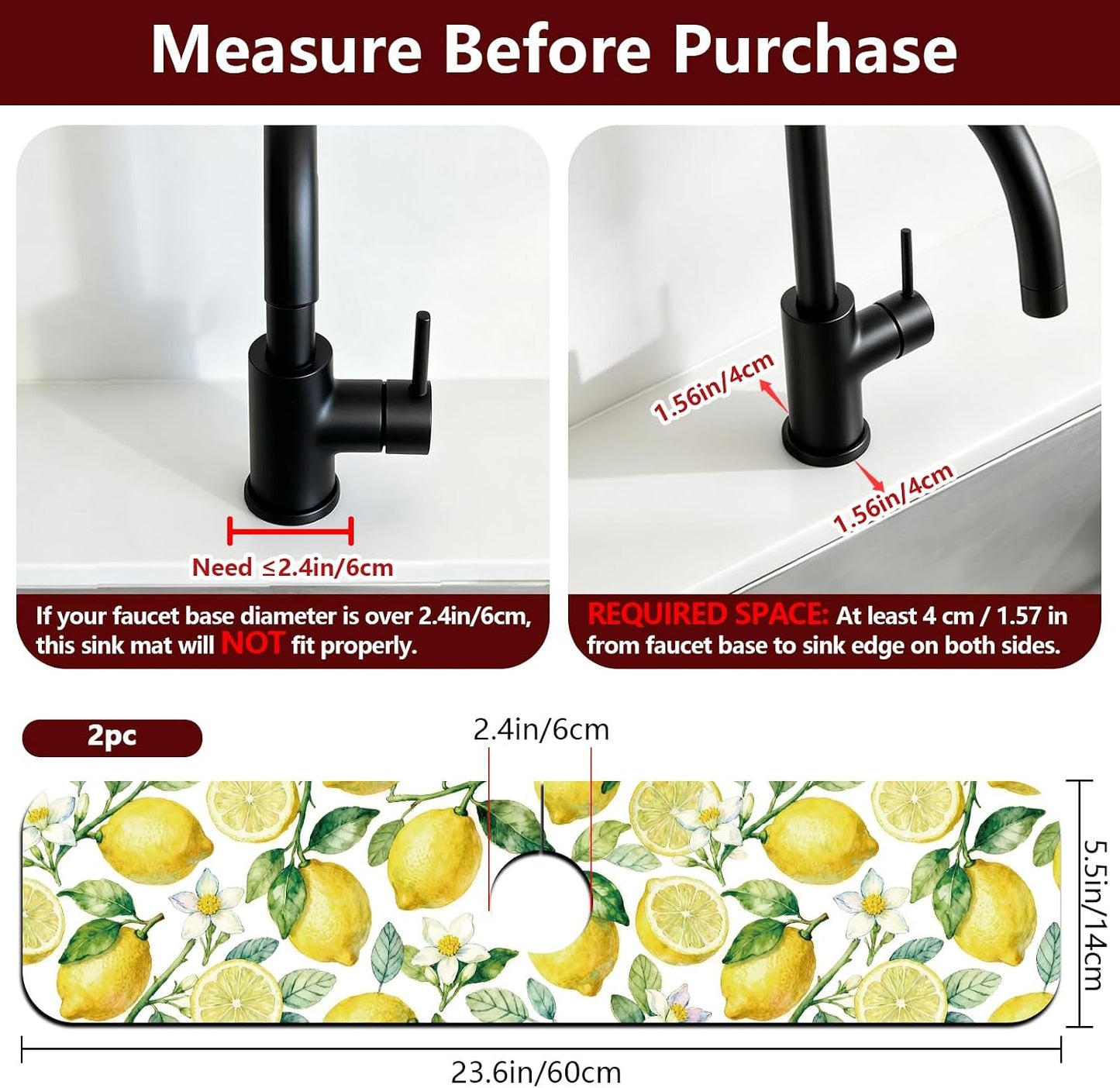 2 Pcs Kitchen Sink Splash Guard Faucet Mats Lemon Pattern Faucet Mat for Sinks Fruit Absorbing Drying Mat for Kitchen Bathroom, 23.6x5.5inch
