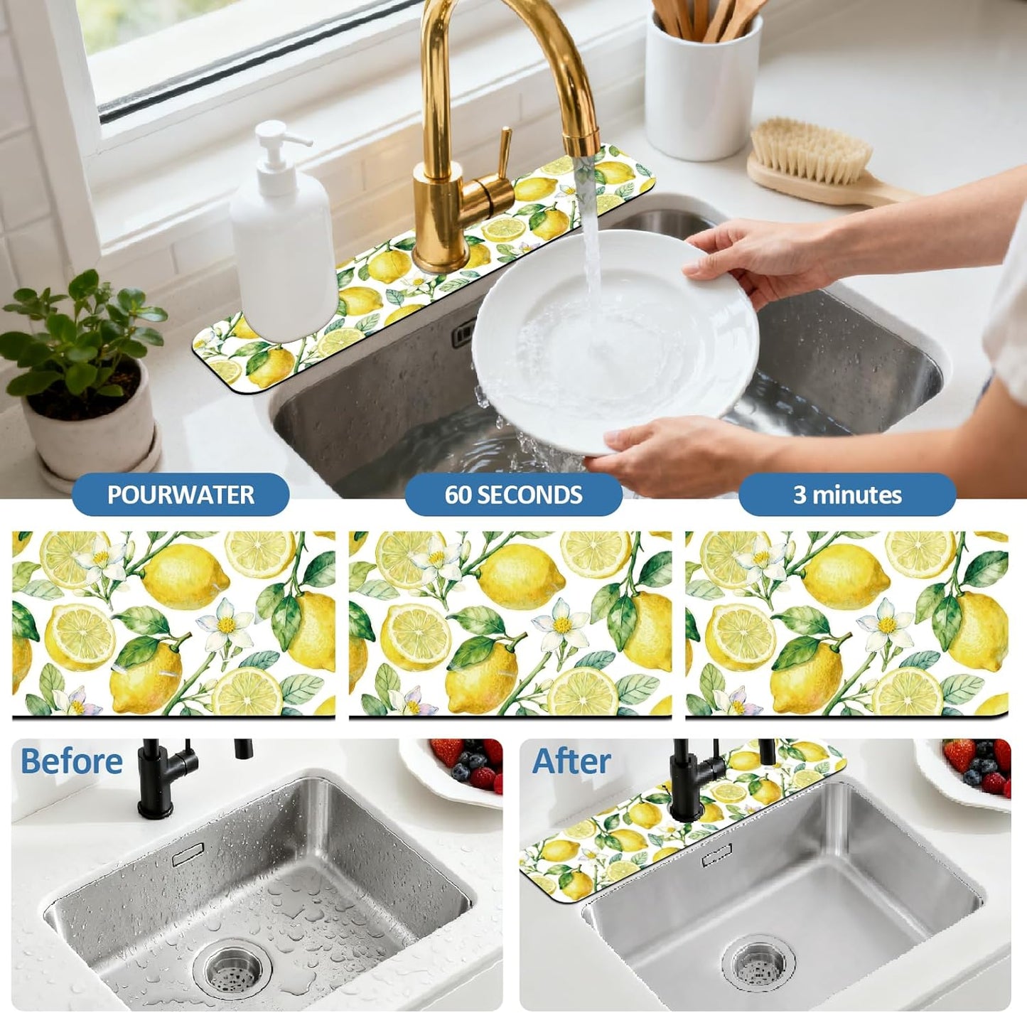 2 Pcs Kitchen Sink Splash Guard Faucet Mats Lemon Pattern Faucet Mat for Sinks Fruit Absorbing Drying Mat for Kitchen Bathroom, 23.6x5.5inch