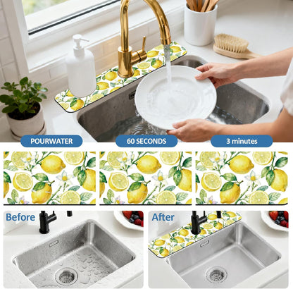 2 Pcs Kitchen Sink Splash Guard Faucet Mats Lemon Pattern Faucet Mat for Sinks Fruit Absorbing Drying Mat for Kitchen Bathroom, 23.6x5.5inch