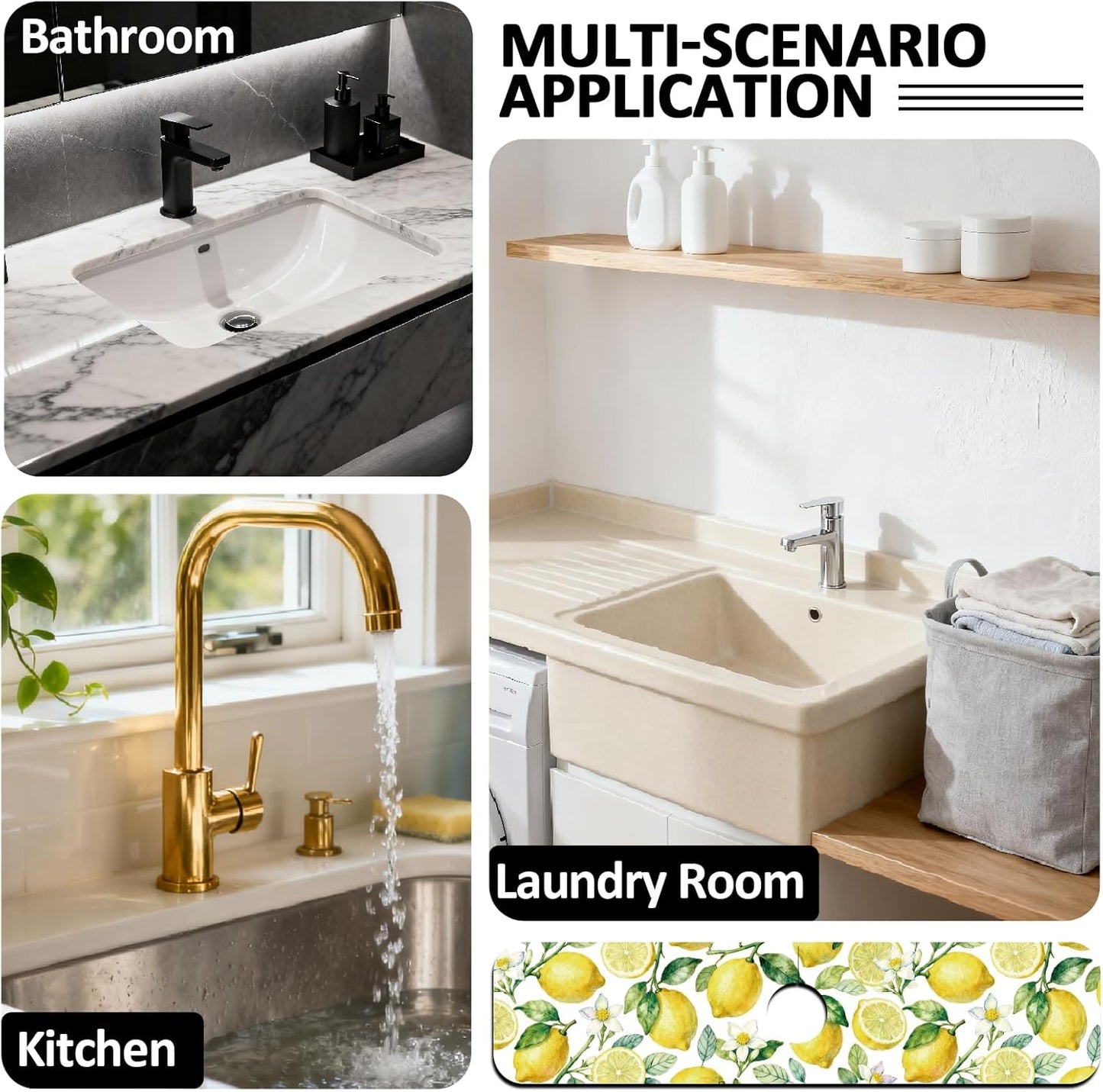 2 Pcs Kitchen Sink Splash Guard Faucet Mats Lemon Pattern Faucet Mat for Sinks Fruit Absorbing Drying Mat for Kitchen Bathroom, 23.6x5.5inch