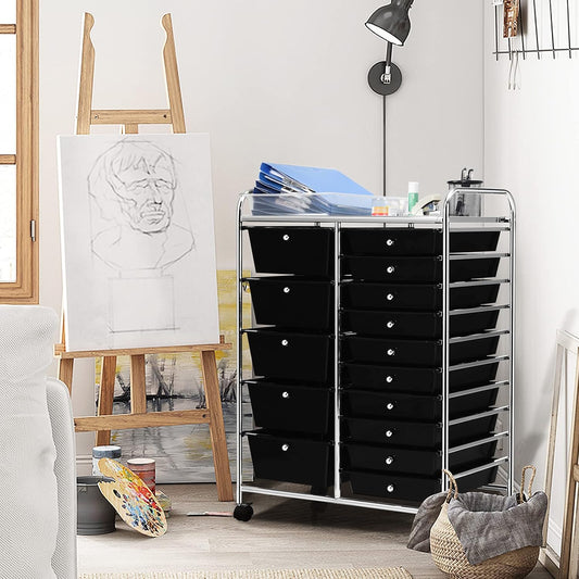 15-Drawer Rolling Storage Cart, Craft Storage Cart with Removable Drawers & Lockable Wheels, Art Cart Supply Storage Organizer for Home Office Classroom, Yellow
