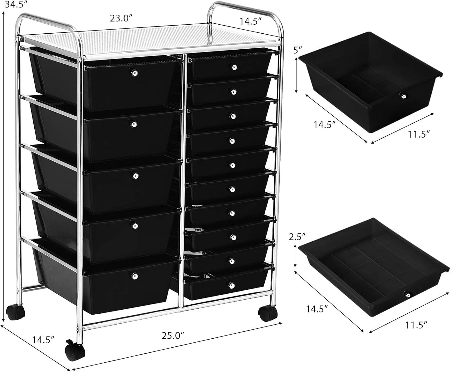 15-Drawer Rolling Storage Cart, Craft Storage Cart with Removable Drawers & Lockable Wheels, Art Cart Supply Storage Organizer for Home Office Classroom, Yellow