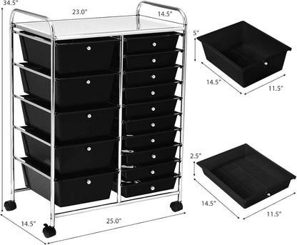 15-Drawer Rolling Storage Cart, Craft Storage Cart with Removable Drawers & Lockable Wheels, Art Cart Supply Storage Organizer for Home Office Classroom, Yellow
