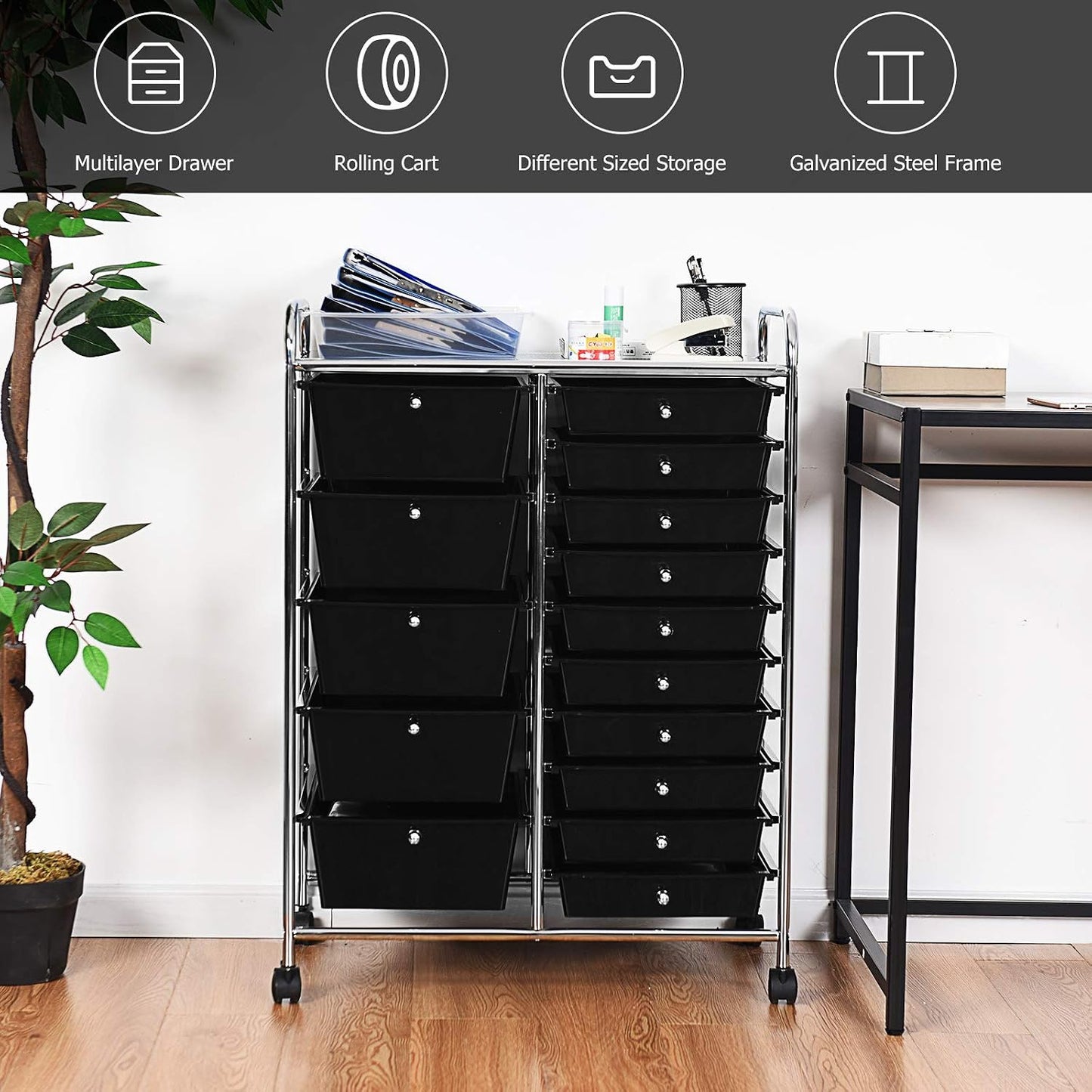 15-Drawer Rolling Storage Cart, Craft Storage Cart with Removable Drawers & Lockable Wheels, Art Cart Supply Storage Organizer for Home Office Classroom, Yellow