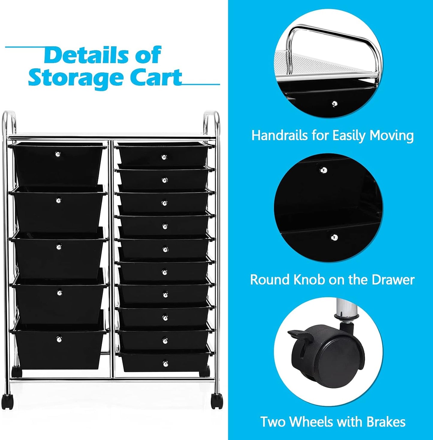 15-Drawer Rolling Storage Cart, Craft Storage Cart with Removable Drawers & Lockable Wheels, Art Cart Supply Storage Organizer for Home Office Classroom, Yellow