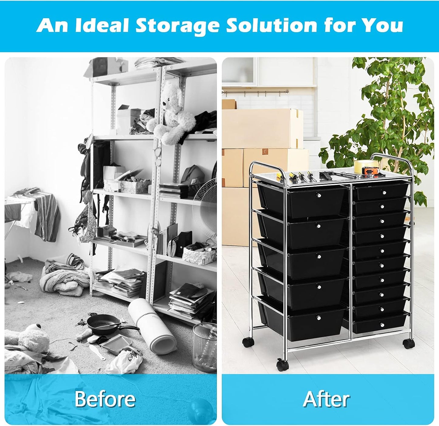 15-Drawer Rolling Storage Cart, Craft Storage Cart with Removable Drawers & Lockable Wheels, Art Cart Supply Storage Organizer for Home Office Classroom, Yellow