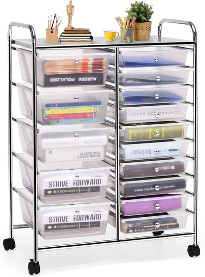 15-Drawer Rolling Storage Cart, Craft Storage Cart with Removable Drawers & Lockable Wheels, Art Cart Supply Storage Organizer for Home Office Classroom, Yellow
