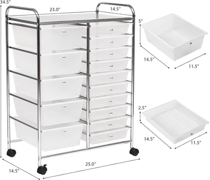 15-Drawer Rolling Storage Cart, Craft Storage Cart with Removable Drawers & Lockable Wheels, Art Cart Supply Storage Organizer for Home Office Classroom, Yellow