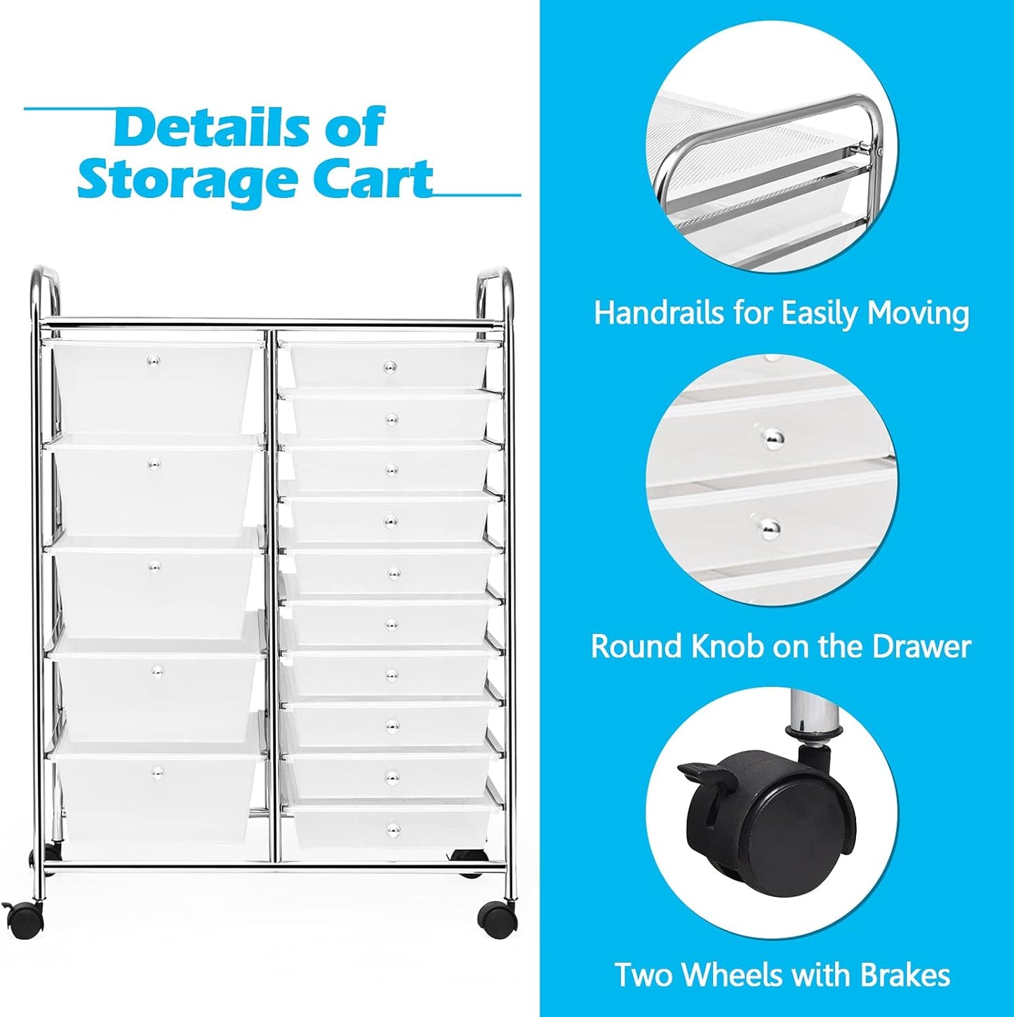 15-Drawer Rolling Storage Cart, Craft Storage Cart with Removable Drawers & Lockable Wheels, Art Cart Supply Storage Organizer for Home Office Classroom, Yellow