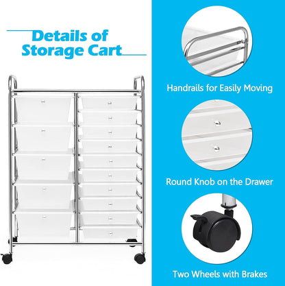 15-Drawer Rolling Storage Cart, Craft Storage Cart with Removable Drawers & Lockable Wheels, Art Cart Supply Storage Organizer for Home Office Classroom, Yellow