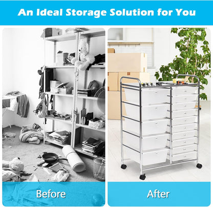 15-Drawer Rolling Storage Cart, Craft Storage Cart with Removable Drawers & Lockable Wheels, Art Cart Supply Storage Organizer for Home Office Classroom, Yellow