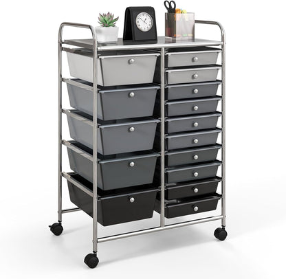 15-Drawer Rolling Storage Cart, Craft Storage Cart with Removable Drawers & Lockable Wheels, Art Cart Supply Storage Organizer for Home Office Classroom, Yellow