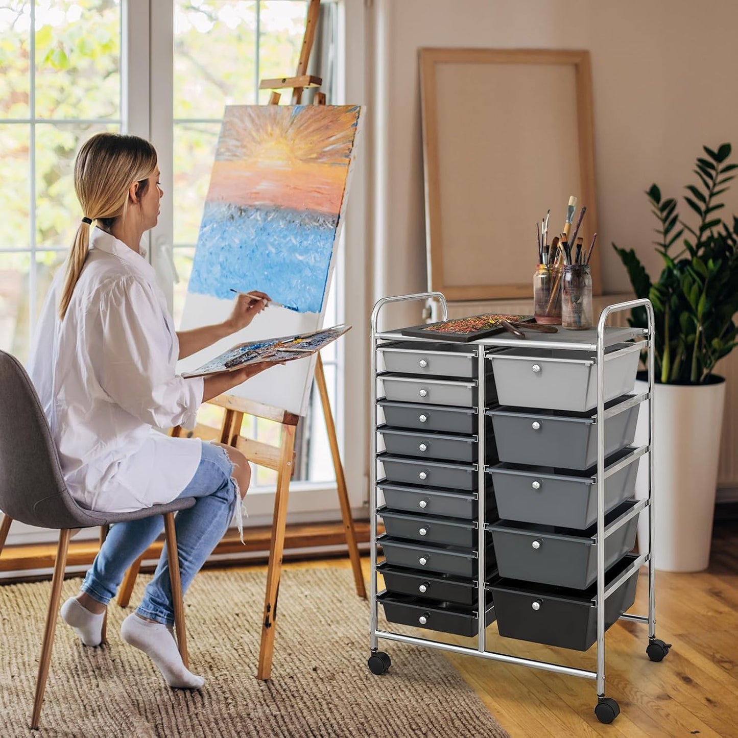 15-Drawer Rolling Storage Cart, Craft Storage Cart with Removable Drawers & Lockable Wheels, Art Cart Supply Storage Organizer for Home Office Classroom, Yellow