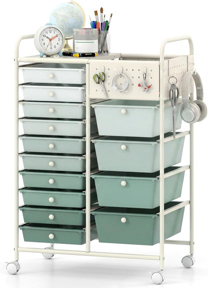 15-Drawer Rolling Storage Cart, Craft Storage Cart with Removable Drawers & Lockable Wheels, Art Cart Supply Storage Organizer for Home Office Classroom, Yellow