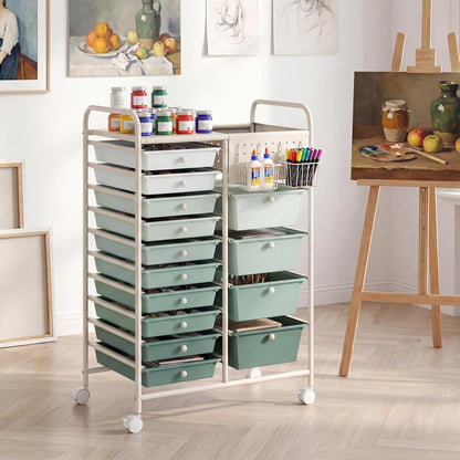 15-Drawer Rolling Storage Cart, Craft Storage Cart with Removable Drawers & Lockable Wheels, Art Cart Supply Storage Organizer for Home Office Classroom, Yellow
